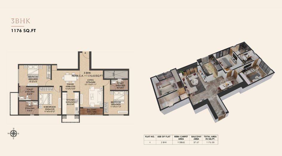 La Mer-Residence-Floor-Plan-3 BHK- 1176 Sqft